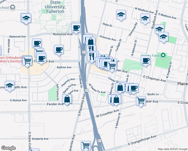 map of restaurants, bars, coffee shops, grocery stores, and more near in Placentia
