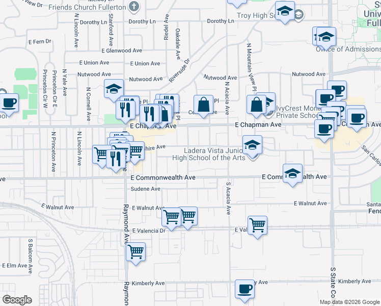 map of restaurants, bars, coffee shops, grocery stores, and more near 118 North Annin Avenue in Fullerton
