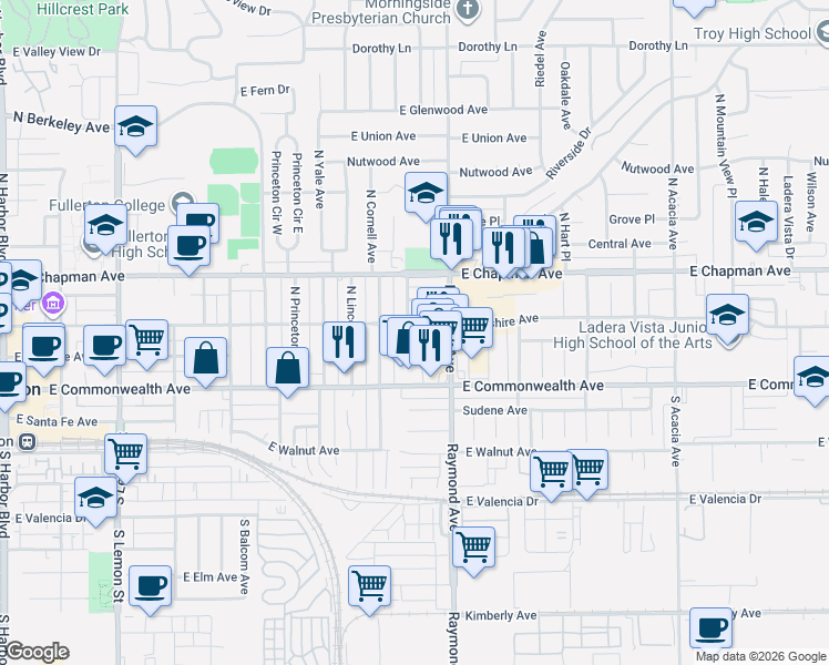 map of restaurants, bars, coffee shops, grocery stores, and more near 128 North Cornell Avenue in Fullerton