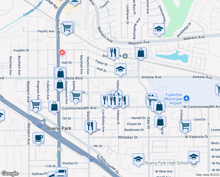 map of restaurants, bars, coffee shops, grocery stores, and more near 8222 4th Street in Buena Park