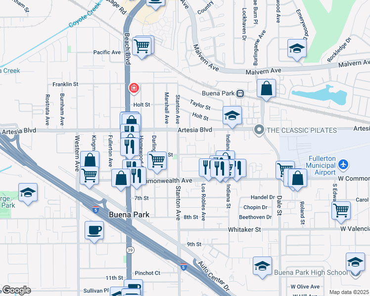 map of restaurants, bars, coffee shops, grocery stores, and more near 6152 Stanton Avenue in Buena Park