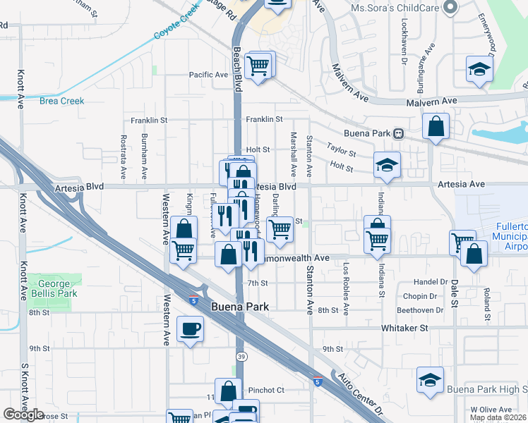map of restaurants, bars, coffee shops, grocery stores, and more near 6131 Darlington Avenue in Buena Park