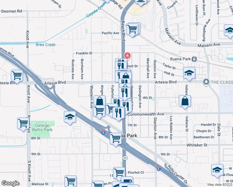 map of restaurants, bars, coffee shops, grocery stores, and more near 6211 Beach Boulevard in Buena Park
