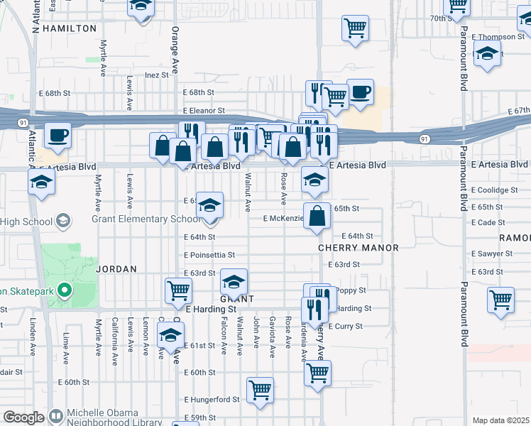 map of restaurants, bars, coffee shops, grocery stores, and more near 1666 East McKenzie Street in Long Beach