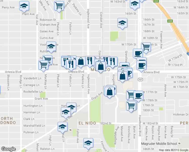 map of restaurants, bars, coffee shops, grocery stores, and more near 2718 Vanderbilt Lane in Redondo Beach
