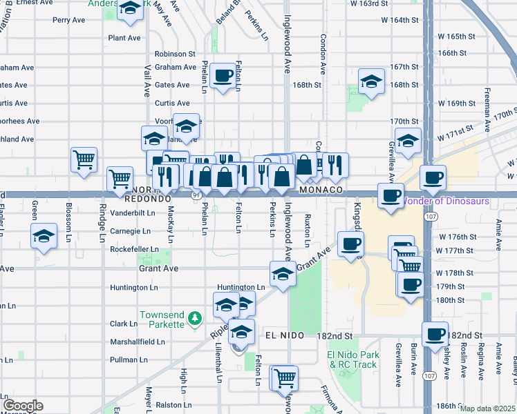 map of restaurants, bars, coffee shops, grocery stores, and more near 2608 Vanderbilt Lane in Redondo Beach