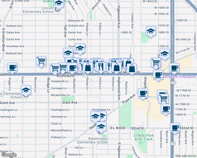 map of restaurants, bars, coffee shops, grocery stores, and more near 2516 Vanderbilt Lane in Redondo Beach