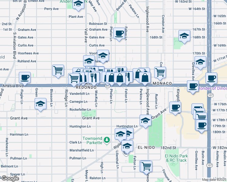 map of restaurants, bars, coffee shops, grocery stores, and more near 1809 Phelan Lane in Redondo Beach