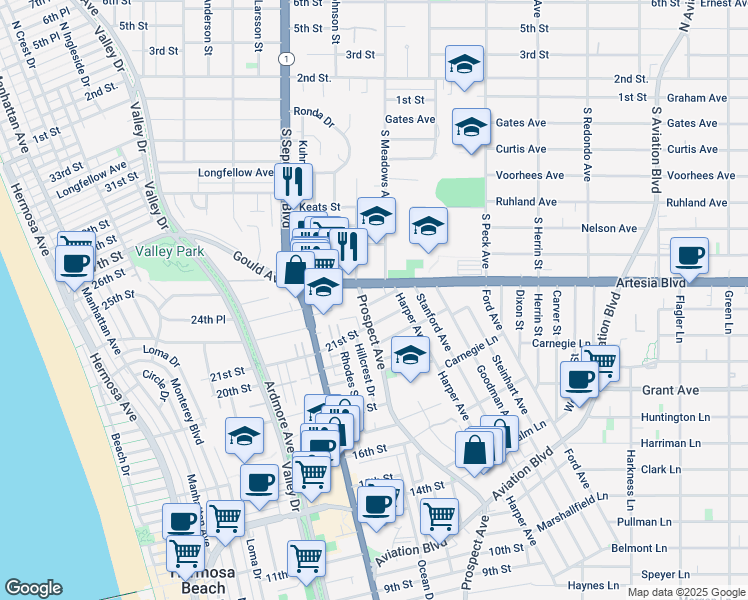 map of restaurants, bars, coffee shops, grocery stores, and more near 1101 21st Street in Hermosa Beach