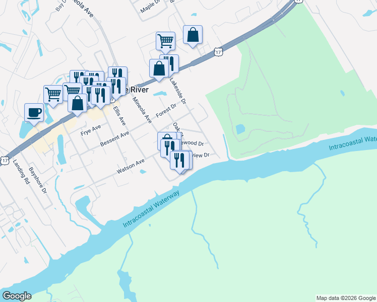 map of restaurants, bars, coffee shops, grocery stores, and more near 1642 Riverview Drive in Little River