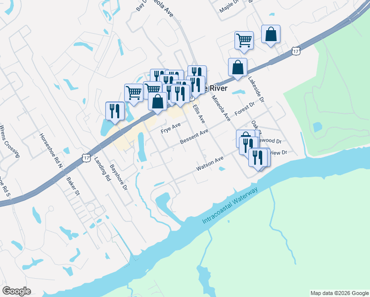 map of restaurants, bars, coffee shops, grocery stores, and more near 112 Triston Court in Little River