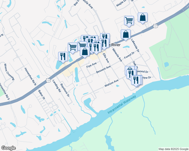 map of restaurants, bars, coffee shops, grocery stores, and more near 112 Triston Court in Little River