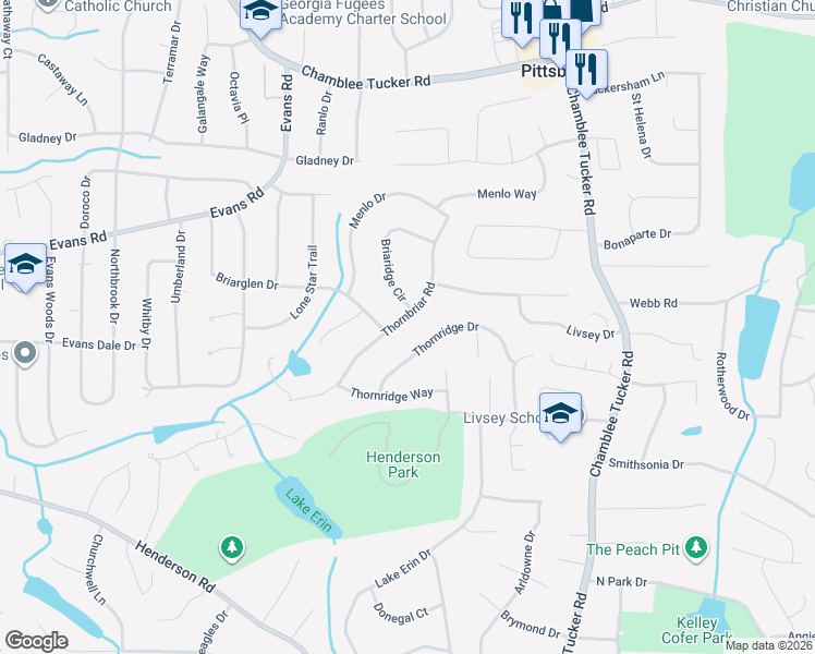 map of restaurants, bars, coffee shops, grocery stores, and more near 2891 Thornbriar Road in Doraville