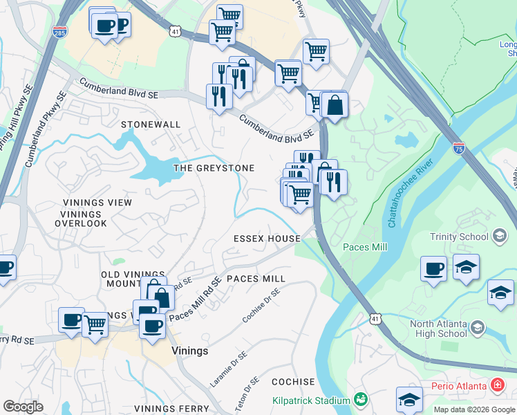 map of restaurants, bars, coffee shops, grocery stores, and more near 3320 Stillhouse Road Southeast in Atlanta