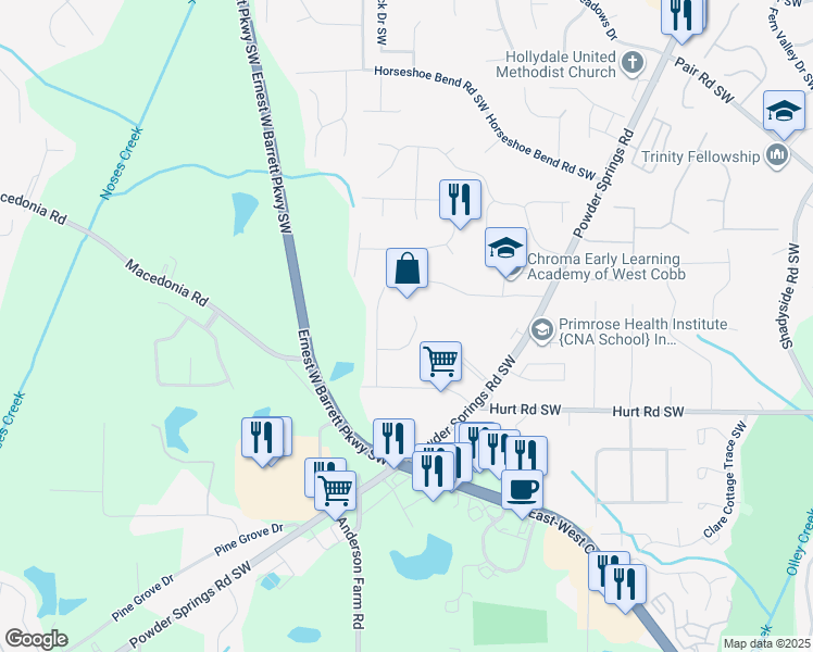 map of restaurants, bars, coffee shops, grocery stores, and more near 2628 Sheffield Court in Marietta