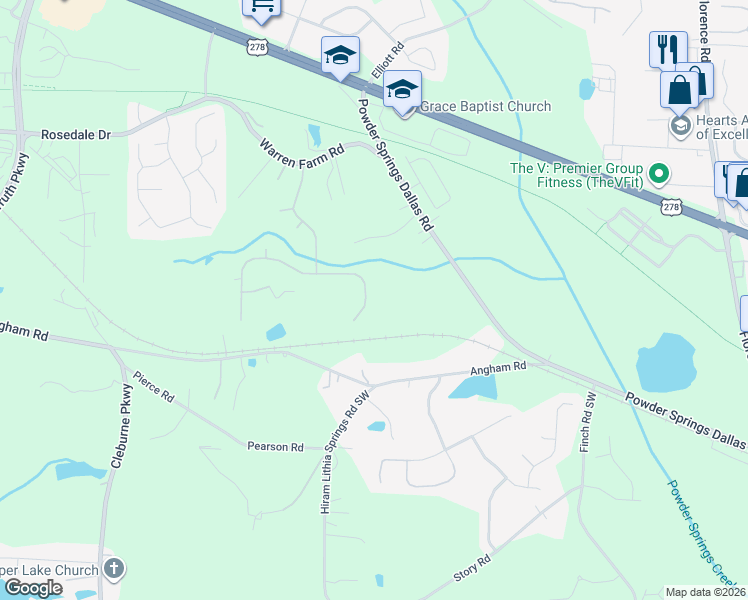 map of restaurants, bars, coffee shops, grocery stores, and more near 3272 Creek Trace East in Hiram