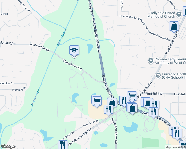 map of restaurants, bars, coffee shops, grocery stores, and more near 2820 Macedonia Road in Powder Springs