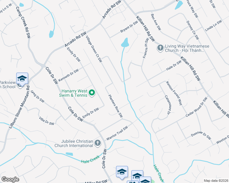 map of restaurants, bars, coffee shops, grocery stores, and more near 572 Planters Row Southwest in Lilburn