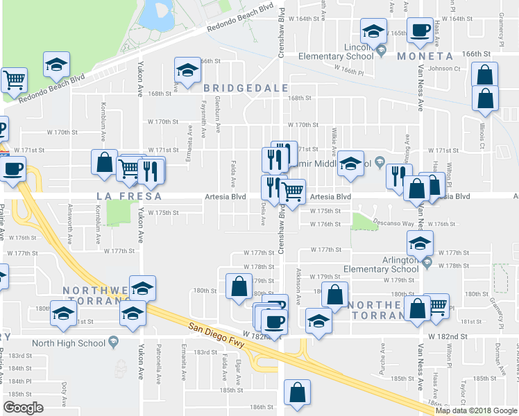 map of restaurants, bars, coffee shops, grocery stores, and more near 17415 Delia Avenue in Torrance