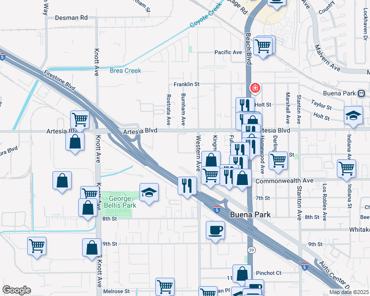 map of restaurants, bars, coffee shops, grocery stores, and more near 7400 Artesia Boulevard in Buena Park