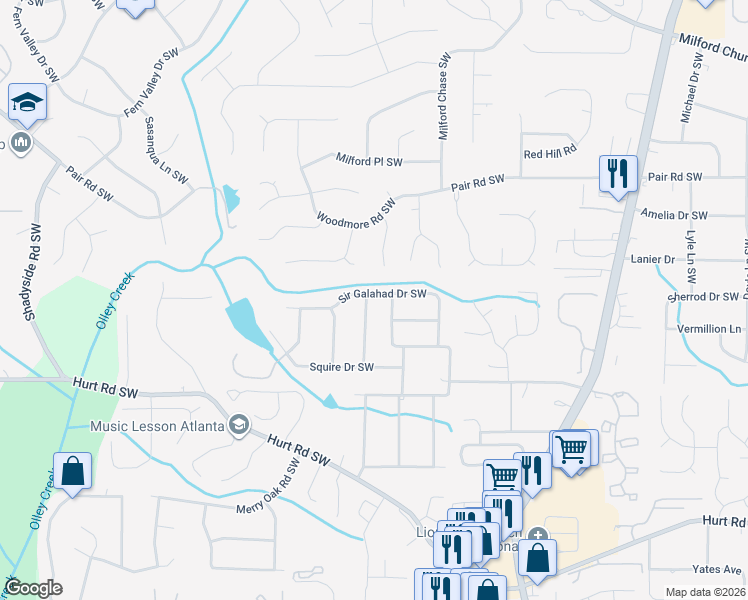 map of restaurants, bars, coffee shops, grocery stores, and more near 3331 Sir Lancelot Place Southwest in Marietta