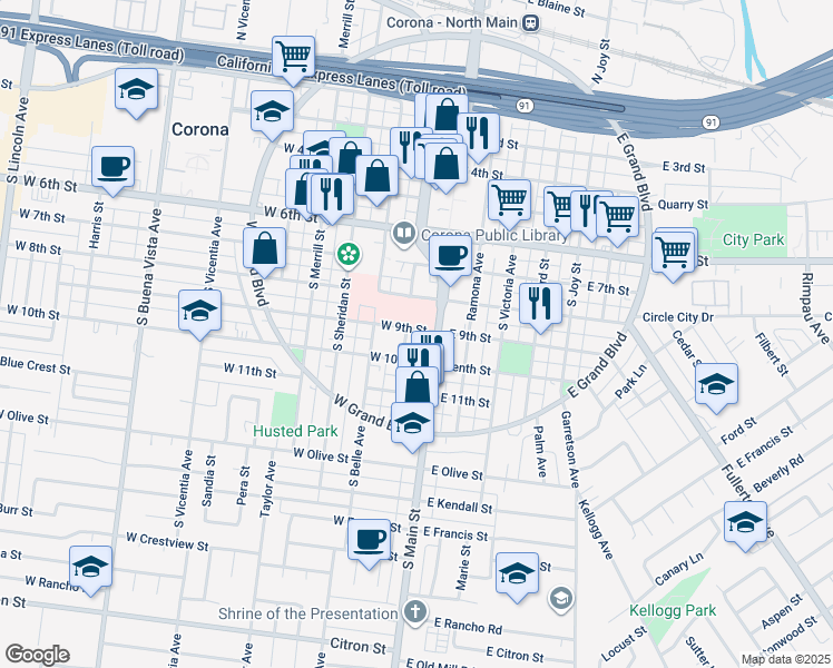 map of restaurants, bars, coffee shops, grocery stores, and more near in Corona