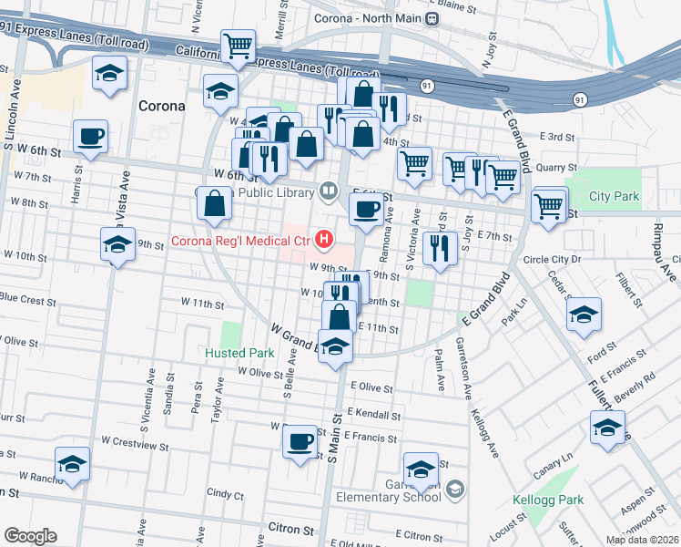 map of restaurants, bars, coffee shops, grocery stores, and more near 114 West 9th Street in Corona