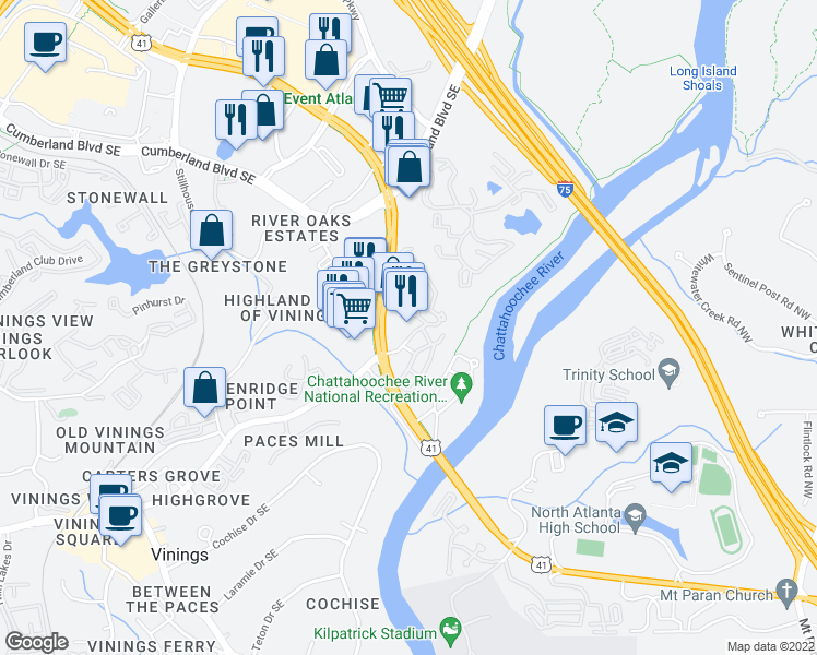 map of restaurants, bars, coffee shops, grocery stores, and more near 4355 Cobb Parkway Southeast in Atlanta