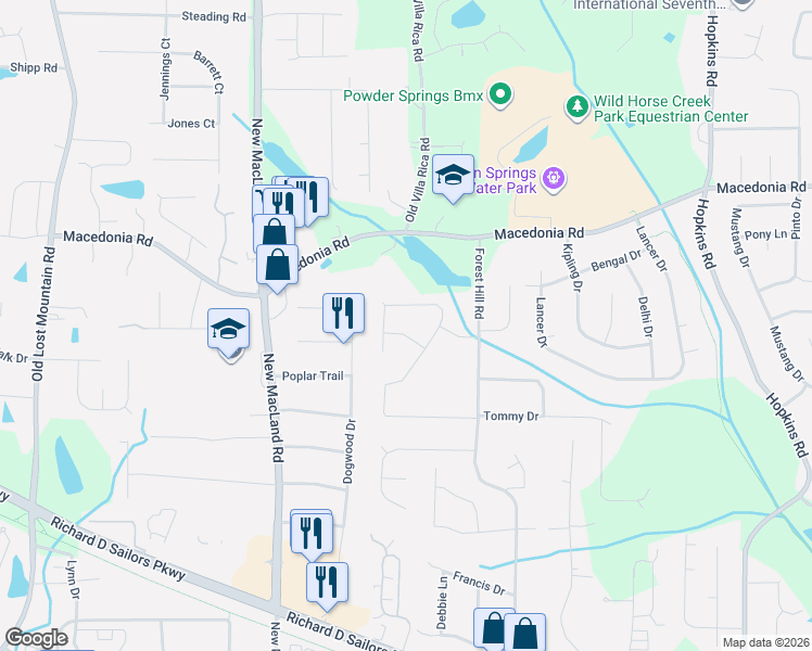 map of restaurants, bars, coffee shops, grocery stores, and more near 5005 Evelyn Way in Powder Springs