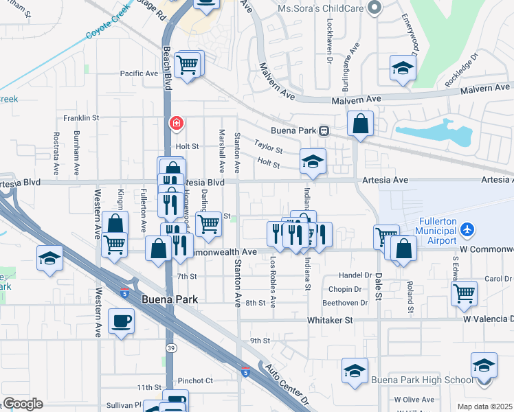 map of restaurants, bars, coffee shops, grocery stores, and more near 6152 Stanton Avenue in Buena Park