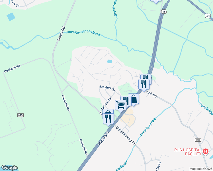 map of restaurants, bars, coffee shops, grocery stores, and more near 135 Masters Drive in Sumter