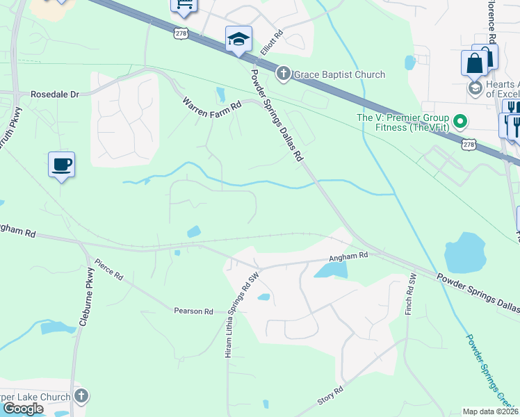 map of restaurants, bars, coffee shops, grocery stores, and more near 3272 Creek Trace East in Hiram