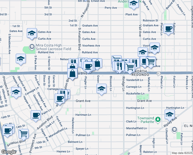 map of restaurants, bars, coffee shops, grocery stores, and more near 1921 Vanderbilt Lane in Redondo Beach