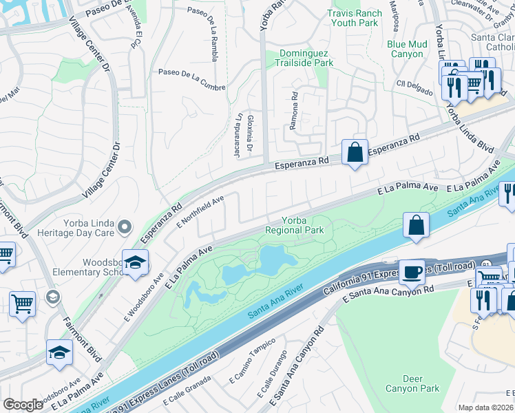 map of restaurants, bars, coffee shops, grocery stores, and more near 1211 North Amelia Street in Anaheim