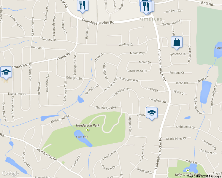 map of restaurants, bars, coffee shops, grocery stores, and more near 2891 Thornbriar Road in Doraville