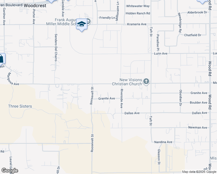 map of restaurants, bars, coffee shops, grocery stores, and more near 18165 Mariposa Avenue in Riverside