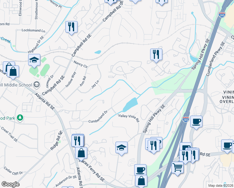 map of restaurants, bars, coffee shops, grocery stores, and more near 3435 Valley Vista Road Southeast in Smyrna