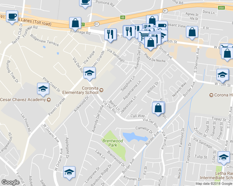 map of restaurants, bars, coffee shops, grocery stores, and more near 1080 Sapphire Lane in Corona