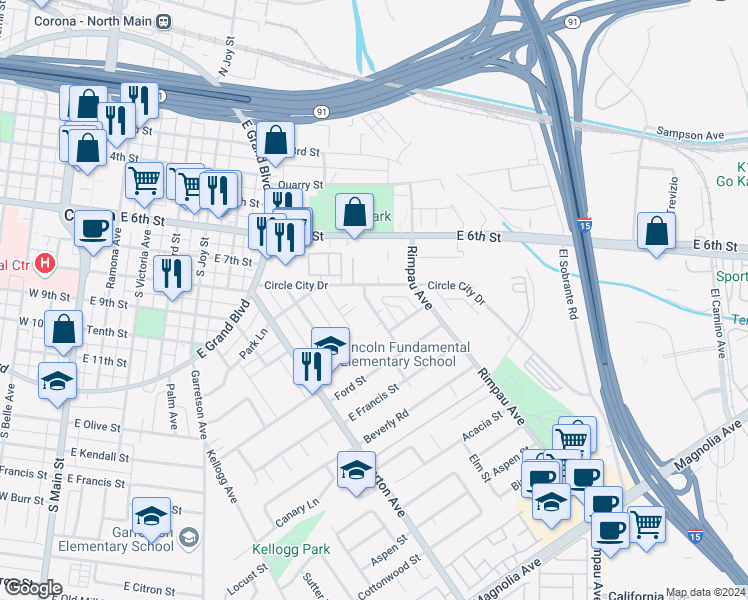 map of restaurants, bars, coffee shops, grocery stores, and more near 823 Filbert Street in Corona