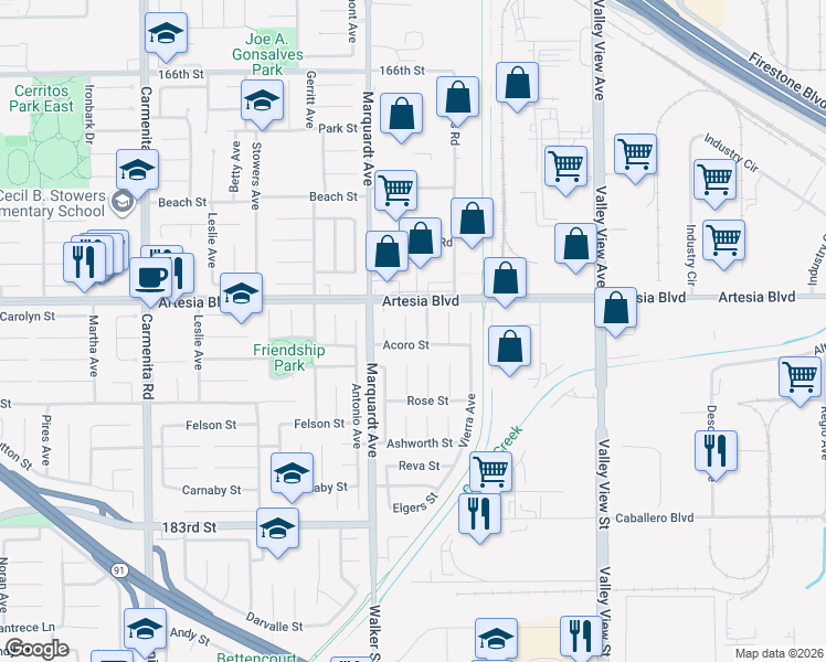 map of restaurants, bars, coffee shops, grocery stores, and more near 17506 La Bonita Way in Cerritos