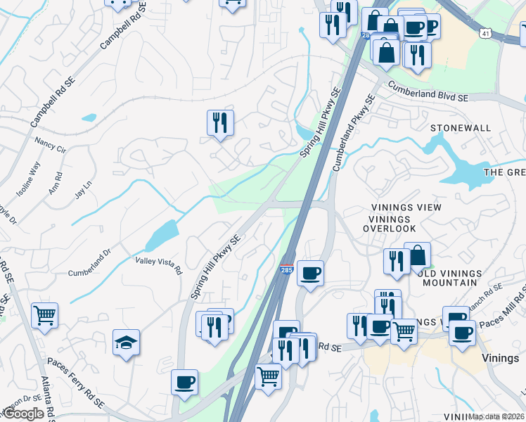 map of restaurants, bars, coffee shops, grocery stores, and more near Spring Hill Parkway Southeast in Smyrna