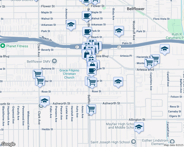 map of restaurants, bars, coffee shops, grocery stores, and more near 17620 Bellflower Boulevard in Bellflower