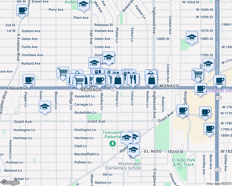 map of restaurants, bars, coffee shops, grocery stores, and more near 1905 Phelan Lane in Redondo Beach