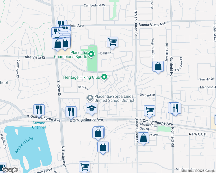 map of restaurants, bars, coffee shops, grocery stores, and more near 1460 East Holcomb Place in Placentia