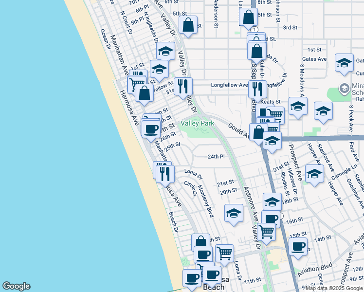 map of restaurants, bars, coffee shops, grocery stores, and more near 2468 Silverstrand Avenue in Hermosa Beach