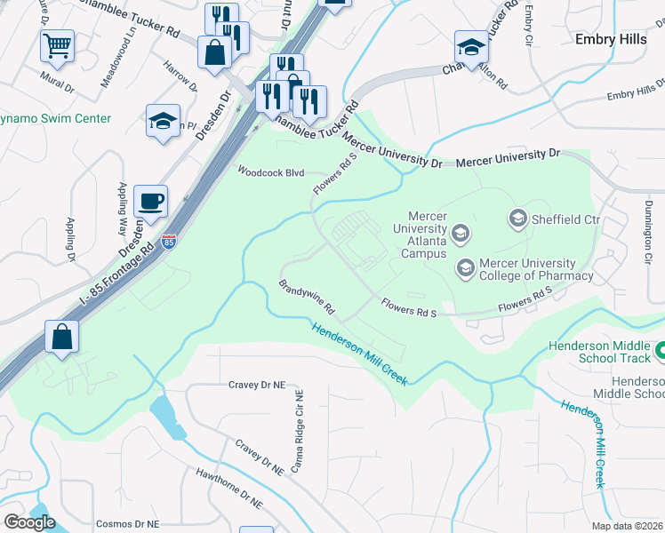 map of restaurants, bars, coffee shops, grocery stores, and more near 2939 Flowers Road South in Atlanta
