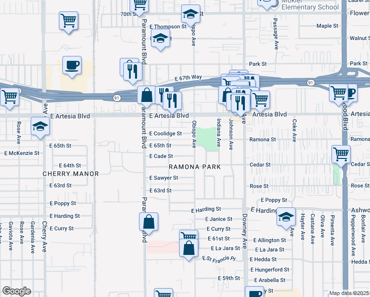 map of restaurants, bars, coffee shops, grocery stores, and more near 3112 East Coolidge Street in Long Beach
