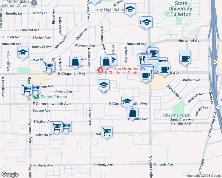 map of restaurants, bars, coffee shops, grocery stores, and more near 2024 East Wilshire Avenue in Fullerton