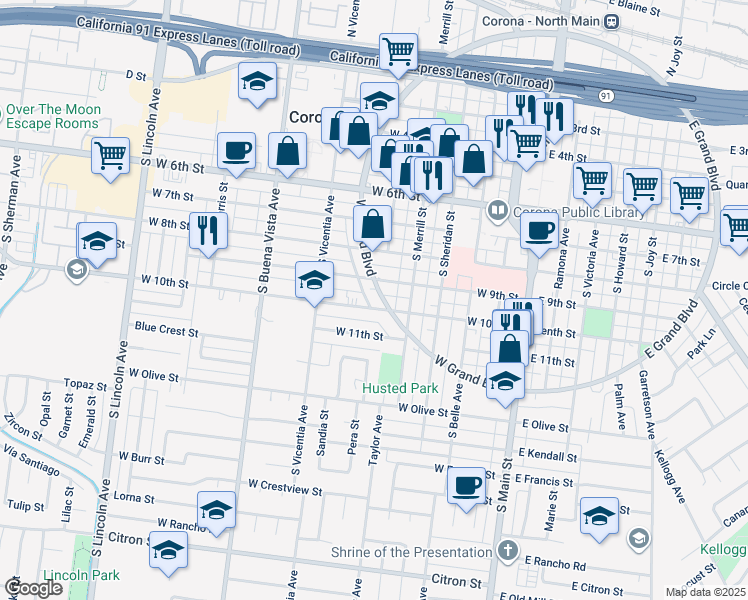 map of restaurants, bars, coffee shops, grocery stores, and more near 922 West Grand Boulevard in Corona