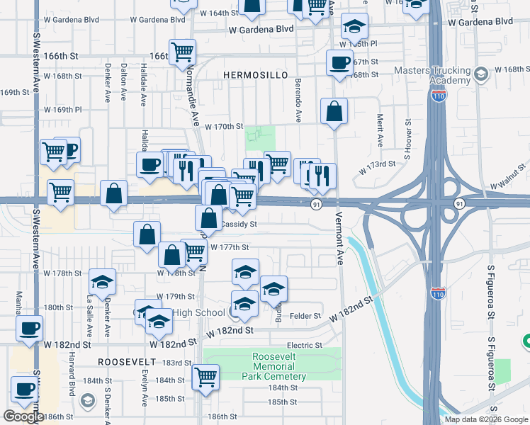 map of restaurants, bars, coffee shops, grocery stores, and more near 1301 Artesia Boulevard in Gardena